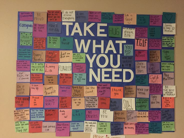 a bulletin board that has been decorated with colorful sticky notes on it and the words take what you need