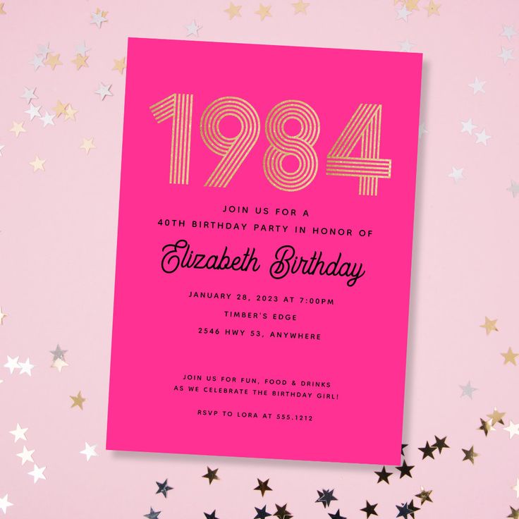 a pink birthday party card with gold numbers and stars on the bottom, against a pink background