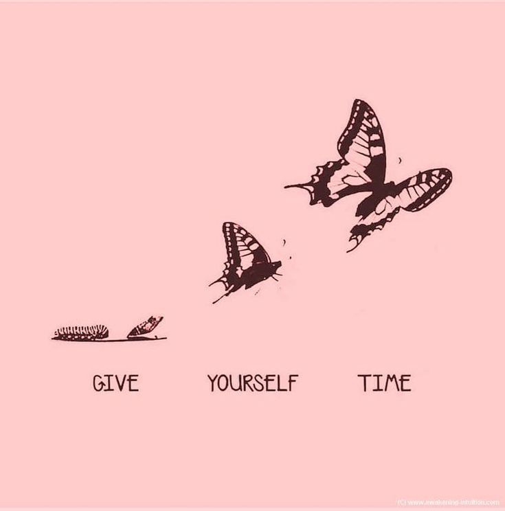 two butterflies flying next to each other on a pink background with the words give yourself time