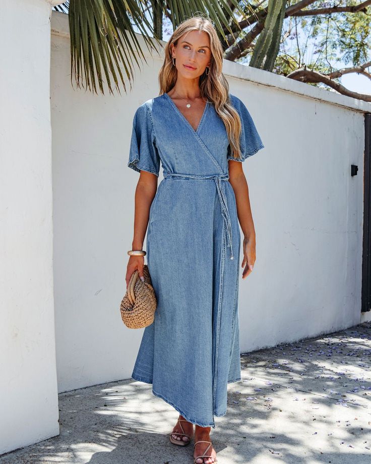 Denim Wrapped Front Maxi Dress - Magnolia Boutique Spring Brunch Wrap Dress, Chic Vacation Wrap Dress With Surplice Neckline, Chic Wrap Dress With Surplice Neckline For Vacation, Belted Maxi Dress For Spring, Fitted Wrap Maxi Dress For Spring, Blue Wrap Maxi Dress For Spring, Chic Maxi Wrap Dress For Day Out, Casual Summer Wrap Midi Dress, Fitted Ankle-length Summer Maxi Dress