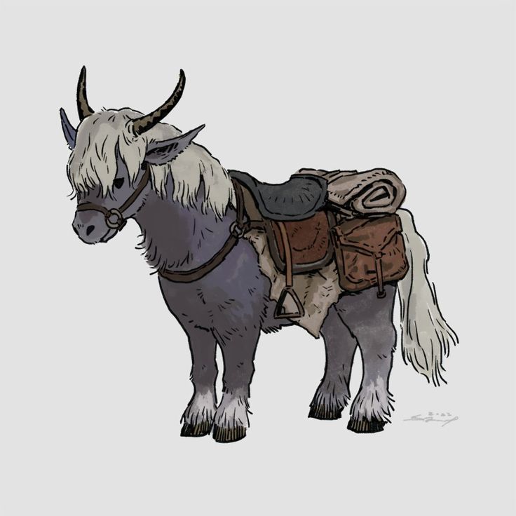 an animal with long hair wearing a harness and saddle on it's back, standing in