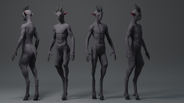 three humanoids with red eyes are standing in different positions and facing the same direction