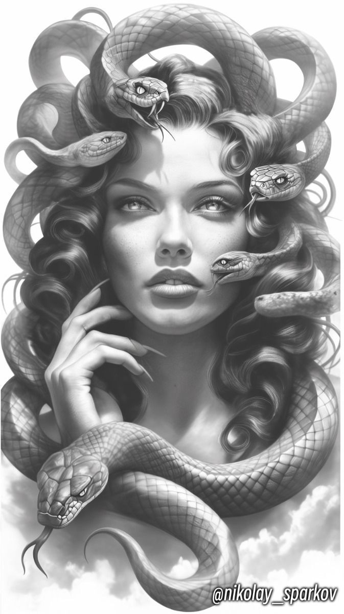 a drawing of a woman with snakes on her head