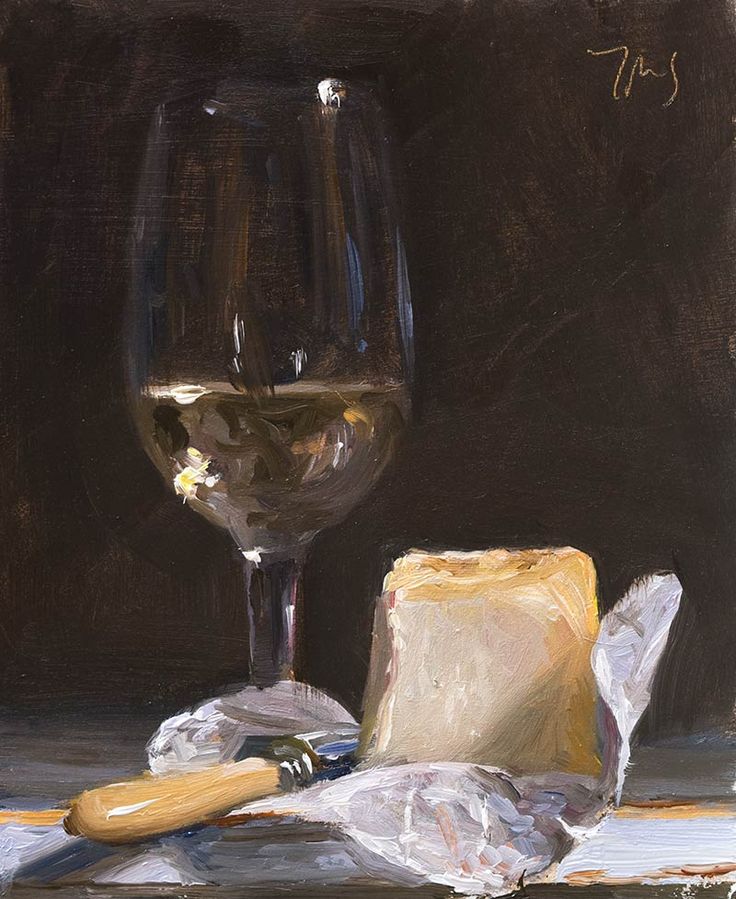 a painting of a glass of wine and cheese