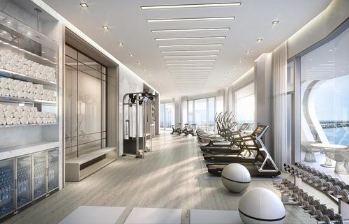 an empty gym with rows of treadmills and exercise balls on the floor in front of large windows