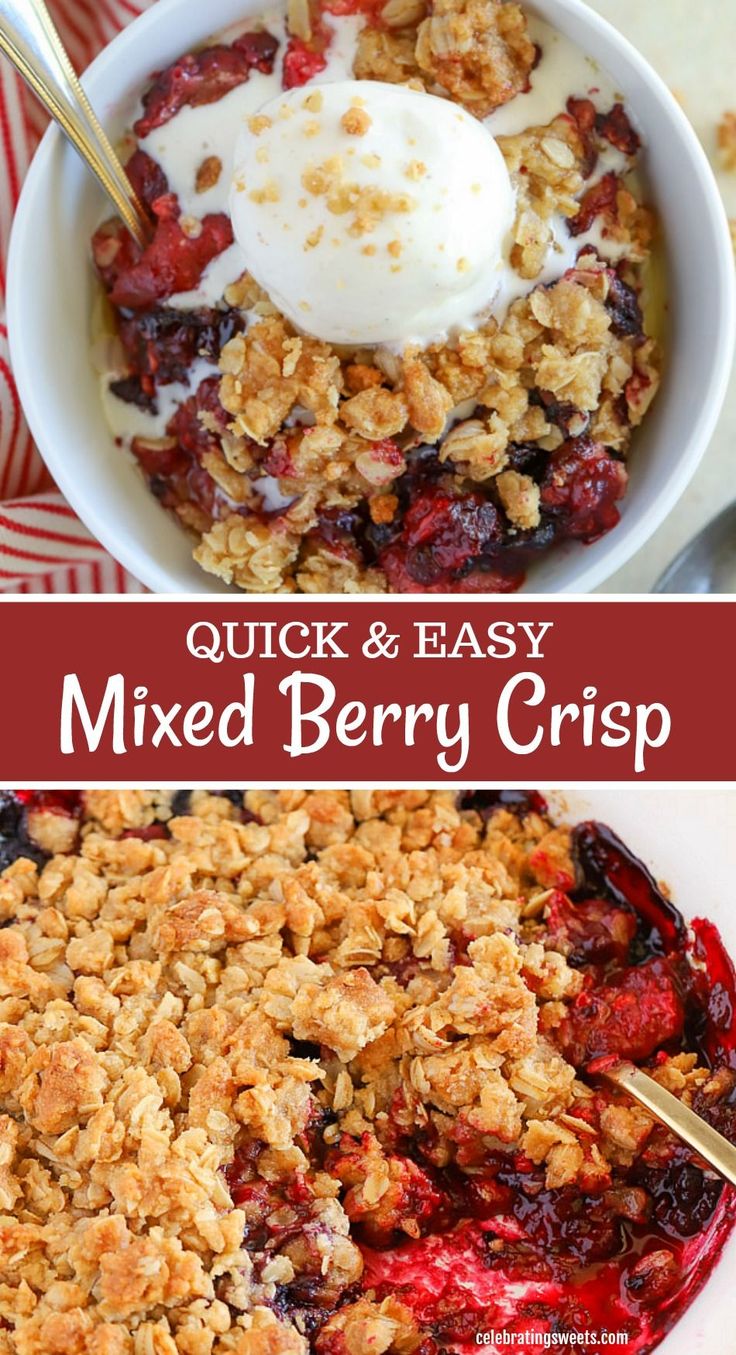 a bowl filled with mixed berry crisp next to another bowl full of fruit and yogurt