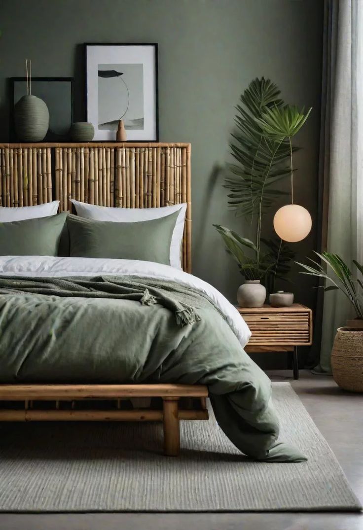 a bed with green sheets and pillows next to a plant in a vase on the floor