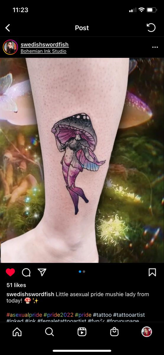 a woman's leg with a tattoo on it and an image of a mushroom