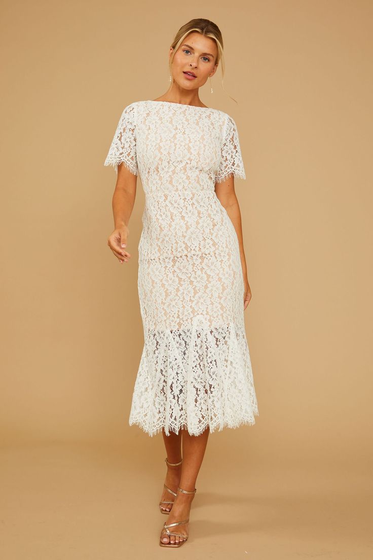 COSMOPOLITAN DRESS | Vow'd Weddings Formal Scalloped Lace Midi Dress, Formal Midi Dress With Scalloped Lace, Chic Wedding Dress With Lace Trim, Chic Formal Dress With Delicate Lace, Formal Dress With Lace Top, Elegant Delicate Lace Midi Dress For Wedding, White Lace Midi Dress For Gala, Elegant Scalloped Lace Evening Dress, White Lace Midi Dress For Gala Events