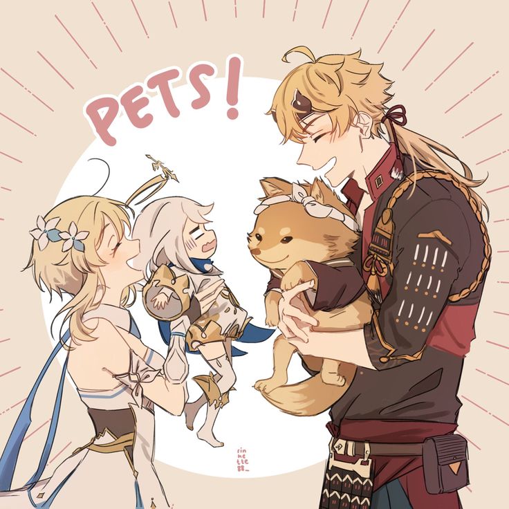 two anime characters are holding small dogs