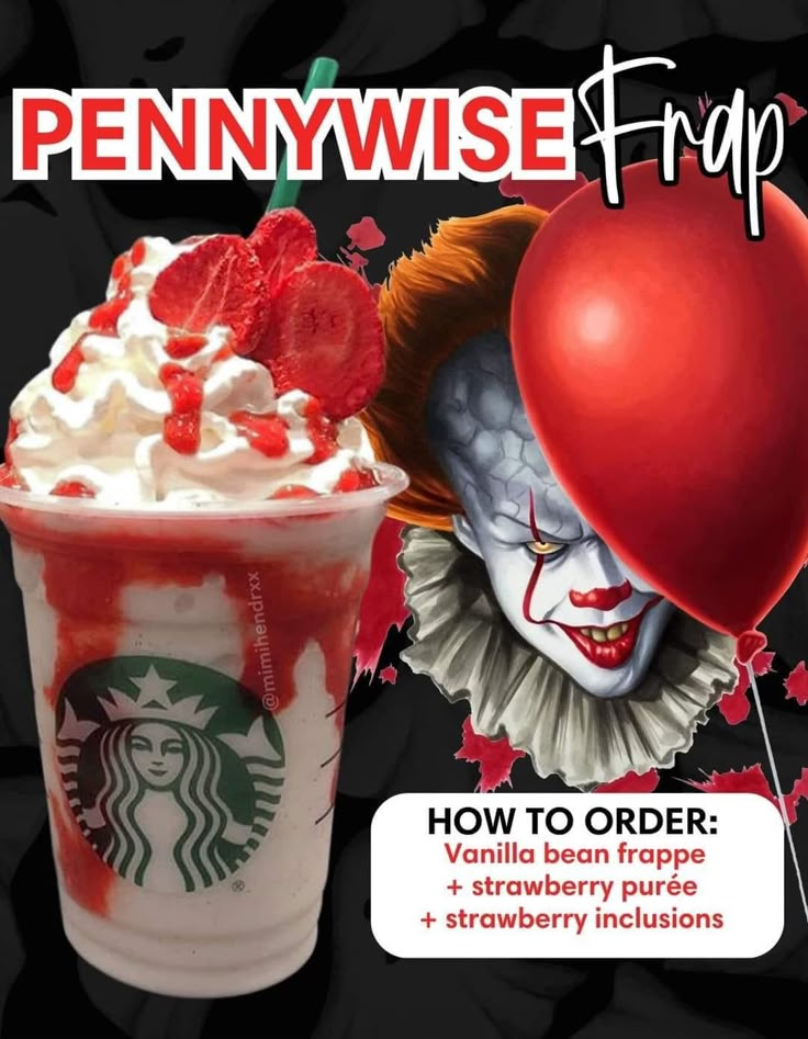 a drink with whipped cream and a clown's face next to it is on the cover of pennywisetrap