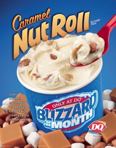 a cup of ice cream with nuts on top and the caption, caramel nut roll only at do blizzard of the month