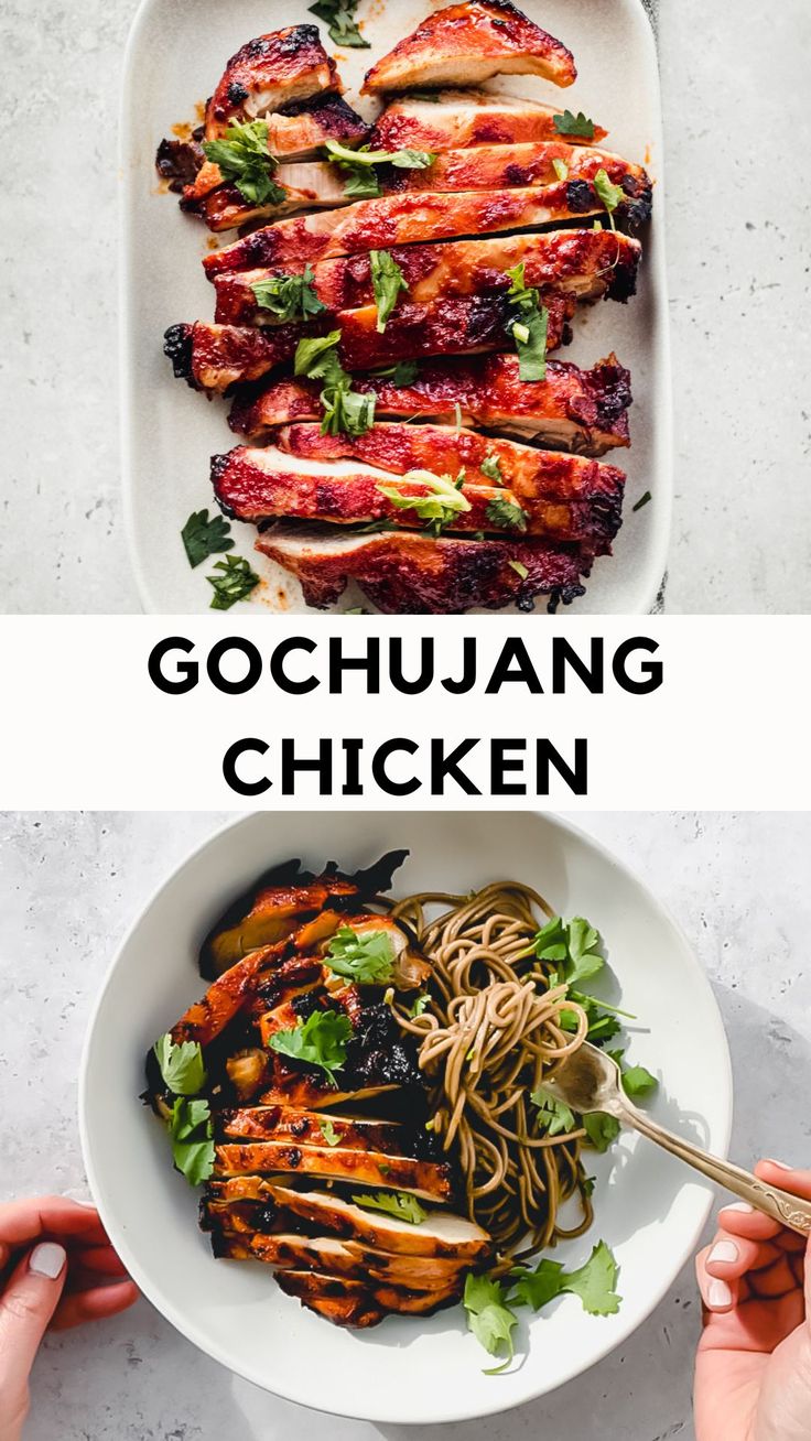 Korean gochujang chicken on platter Gochujang Chicken Thighs, Korean Gochujang Chicken, Rice And Kimchi, Spicy Chicken Marinades, Asian Pantry, Gochujang Chicken, Chicken Marinade Recipes, Fusion Dishes, Pantry Ingredients