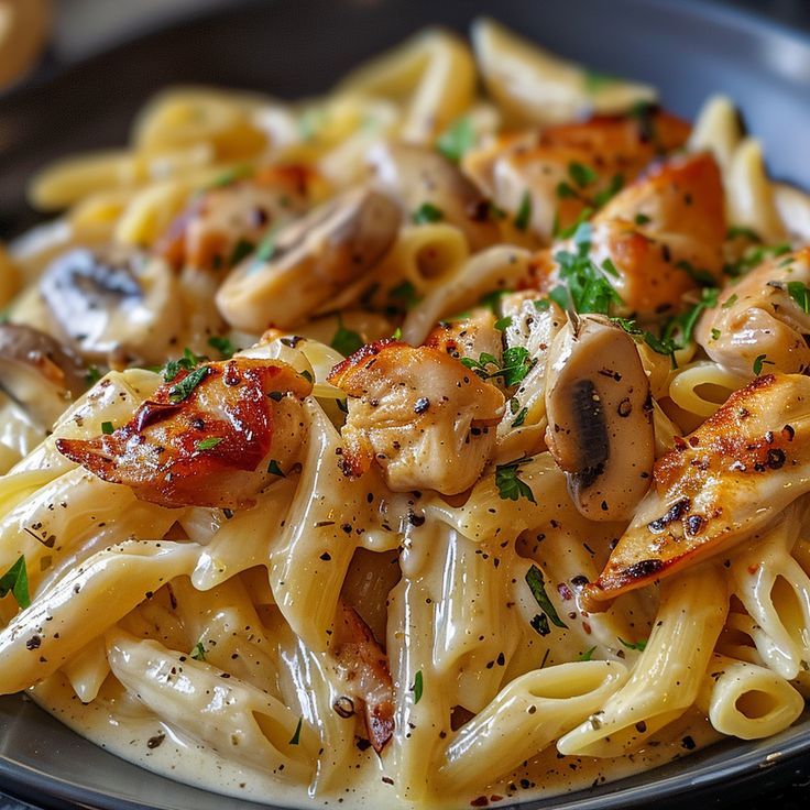 a pasta dish with mushrooms and sauce on a black plate, ready to be eaten