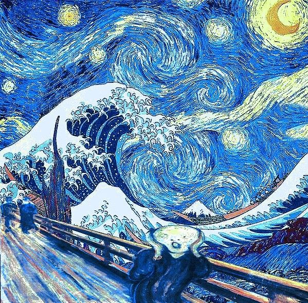 the starry night painting shows a woman standing on a bridge with her arms in the air