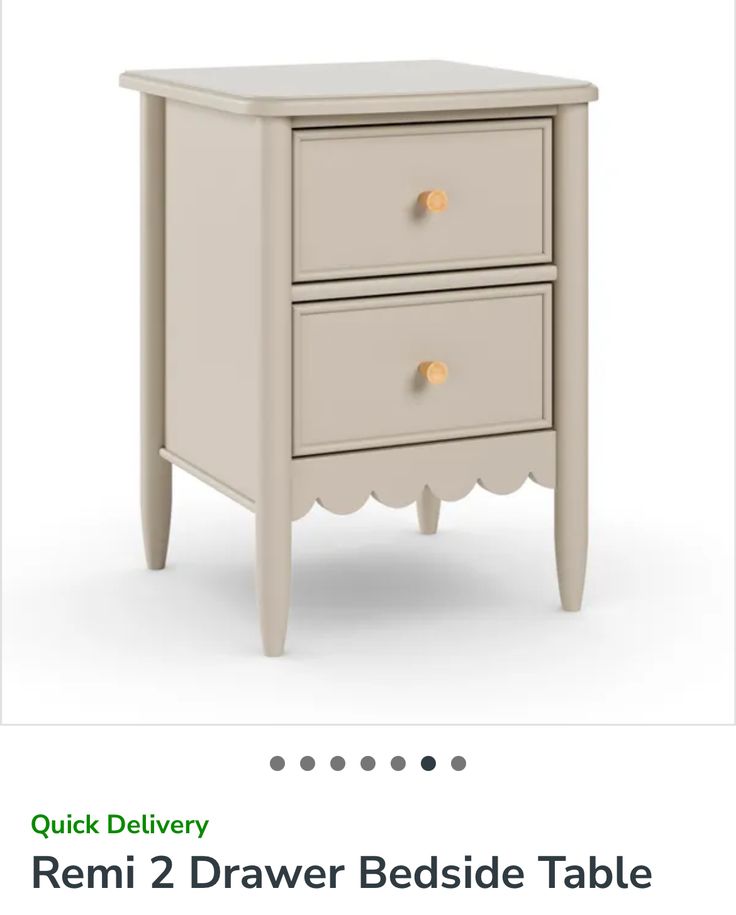 a white nightstand with two drawers on the bottom and one drawer below it, which reads quick delivery remi 2 drawer bedside table