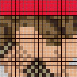 a woman's face is made up of small squares and has brown, blue, red, and green colors