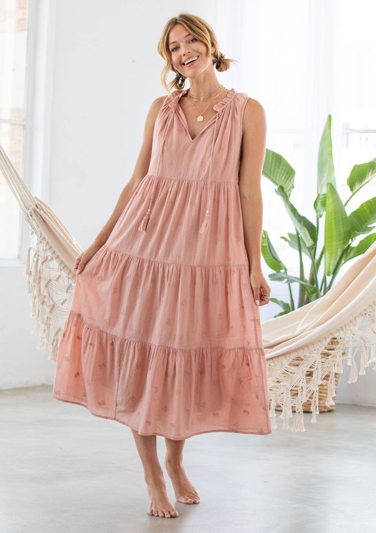 Lightweight Embroidered Cotton Maxi Dress | LOVESTITCH Bohemian V-neck Tiered Dress For Spring, Bohemian Sleeveless Tiered Dress For Spring, Spring Bohemian V-neck Tiered Dress, Spring Cotton Tiered Maxi Dress, Sleeveless Cotton Tiered Dress For Brunch, Sleeveless Maxi Dress With Tassel Ties For Summer, Sleeveless Floral Embroidery Maxi Dress For Brunch, Sleeveless Midi Dress With Tassels For Spring, Casual Summer Maxi Dress With Tassel Ties