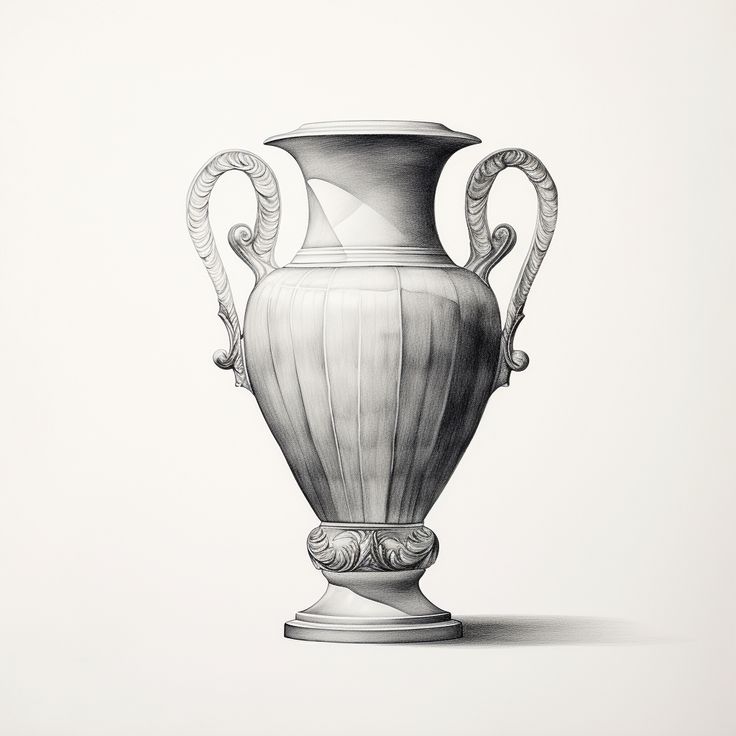 a black and white drawing of a vase with two snakes wrapped around the top of it