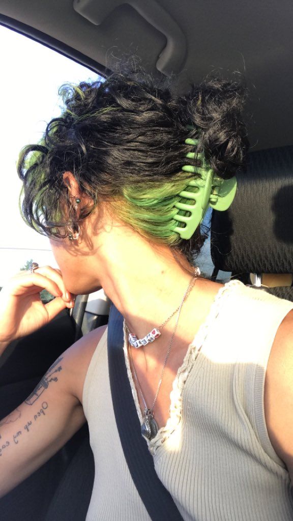 Natural Curly Dyed Hair, Green Dyed Hair Underneath, Under Color Hair Curly, Green Under Dye Hair, Good Hair Colors For Curly Hair, Peekaboo Hair Color Curly Short, Short Hair With Under Color, Curly Hair With Color Underneath, Short Curly Haircuts Dyed