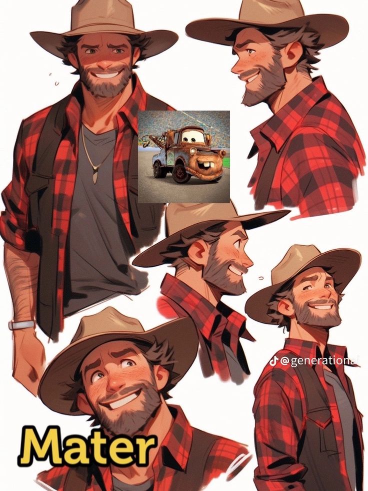 a drawing of a man in plaid shirt and hat with different facial expressions on his face