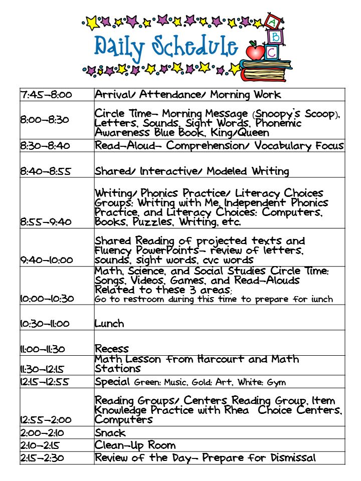 an image of daily schedule for the early school year with stars and books on it