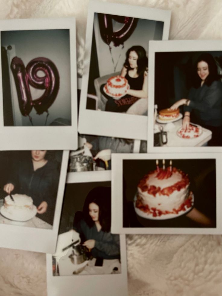 several polaroid photos of people with birthday cake and balloons in the shape of numbers