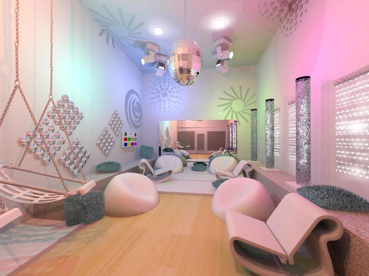 a living room filled with white furniture and lots of pink lights on the ceiling above it