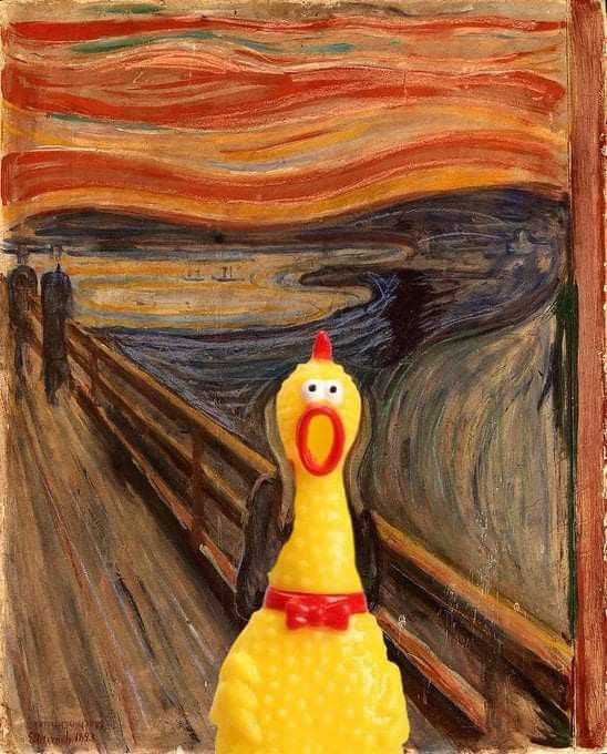 a painting of a yellow chicken standing in front of the scream