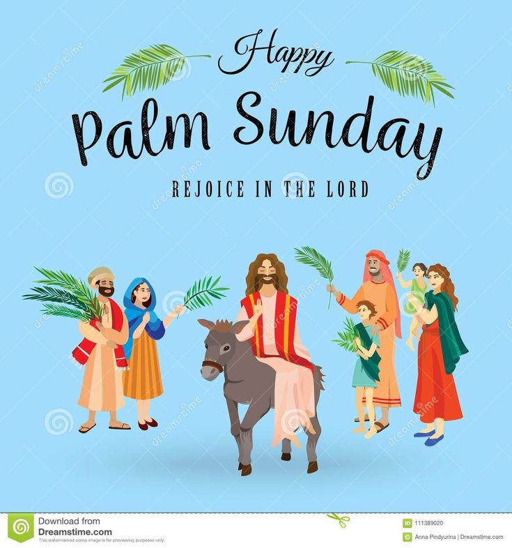 happy palm sunday with jesus riding on donkey and other people