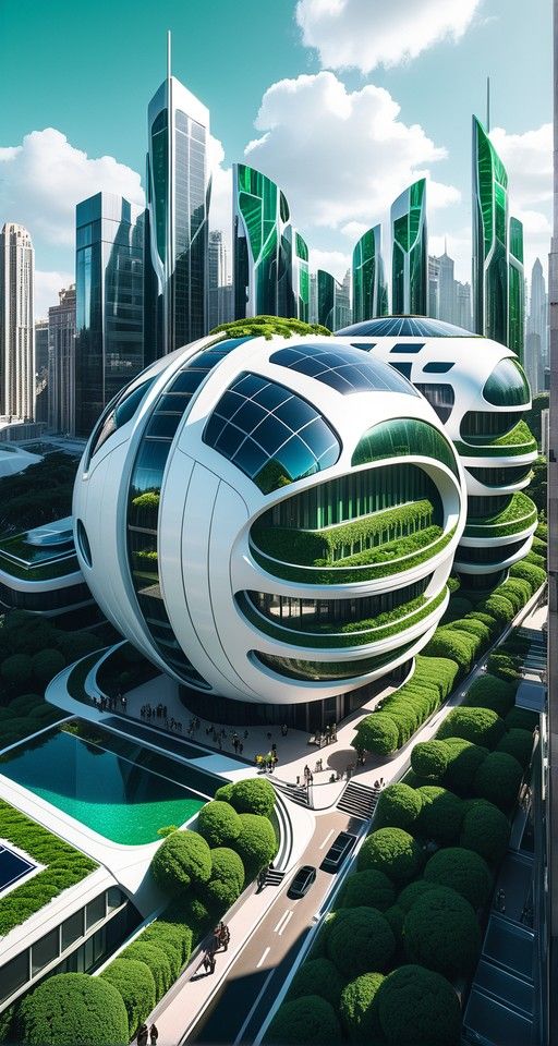 an artistic rendering of a futuristic building in the middle of a city with lots of trees