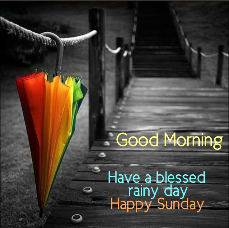 a colorful umbrella sitting on top of a wooden walkway next to a bridge with the words good morning have a blessed rainy day happy sunday