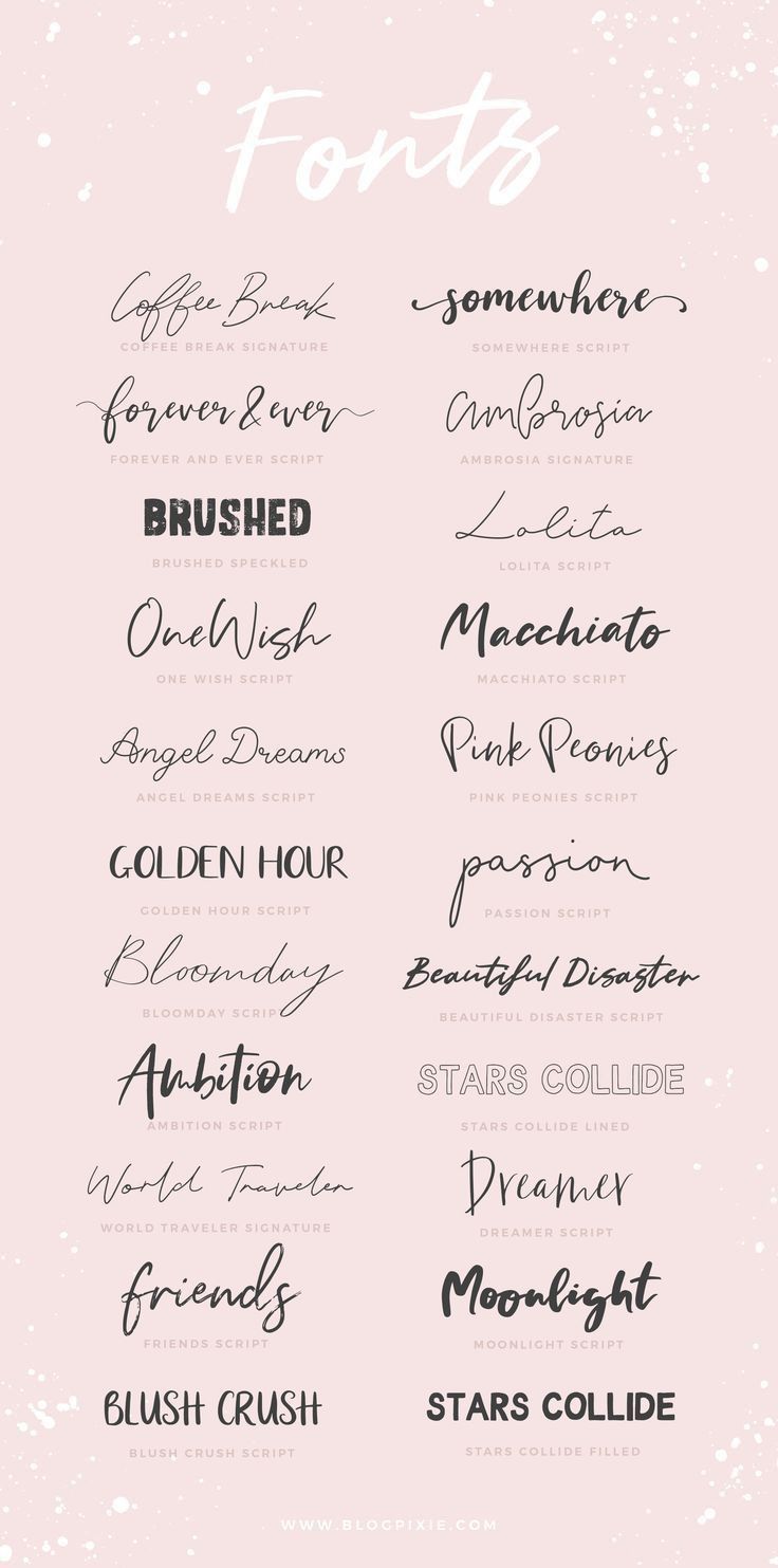 some type of handwriting that is in different colors and font styles on a pink background