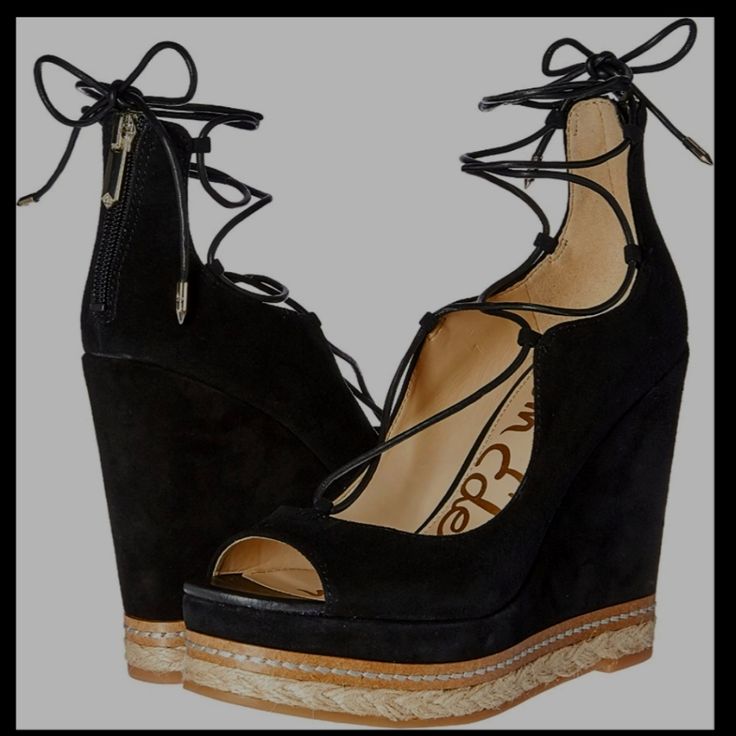 Playful Style Is The Name Of The Game In The Harriet Sandal From Sam Edelman. These Suede Platforms Feature An Espadrille Accented Midsole And Towering Wedge For Extra Intrigue To Your Warm-Weather Look. Features Suede Upper Back Zipper Closure Ghillie Lace-Up Round Peep Toe Faux Leather Lining Cushioned Footbed1½" Platform, 4¾" Covered Wedge Heel Espadrille Midsole Synthetic Sole ** I Do Not Have The Original Box** Black Suede Wedge Sandals, Black Wedge Sandals With Reinforced Heel For Summer, Black Suede Wedge Sandals For Summer, Heeled Espadrilles, Espadrille Shoes, Sam Edelman Shoes, Discount Shoes, Sam Edelman, Wedge Heels