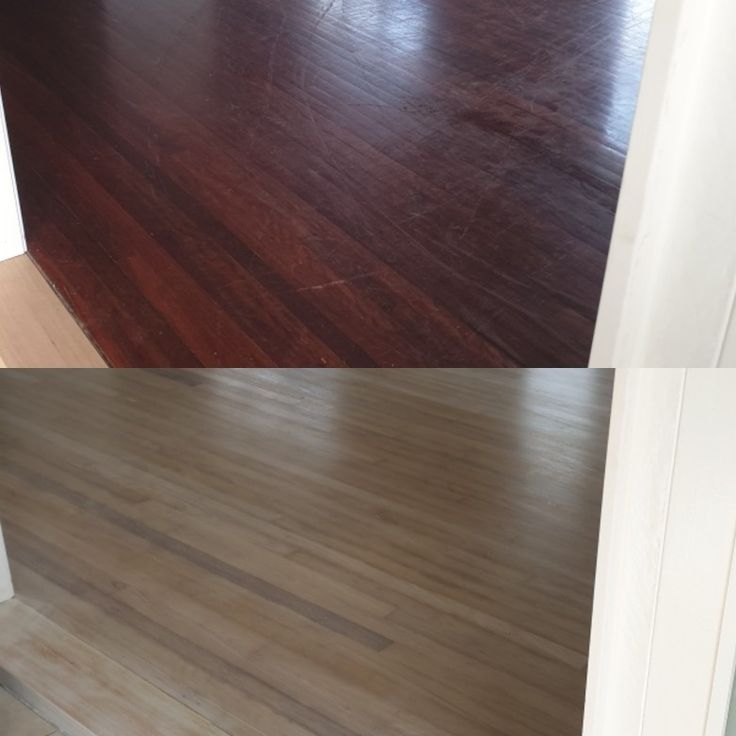 two different views of an empty room with hard wood flooring and white trim on the walls