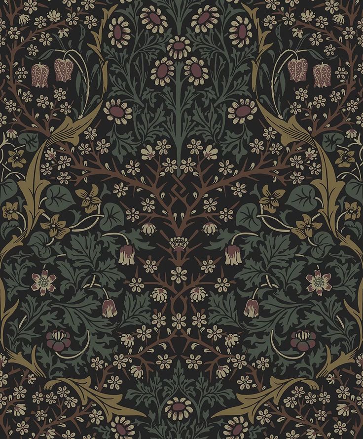 an intricately designed wallpaper with flowers and leaves on black, green, brown and tan colors