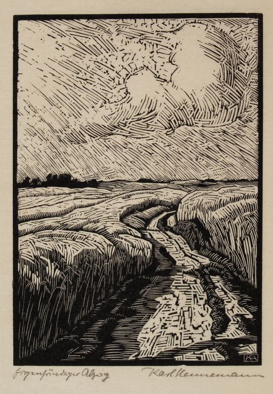 an ink drawing of a dirt road in the middle of a field with clouds above it