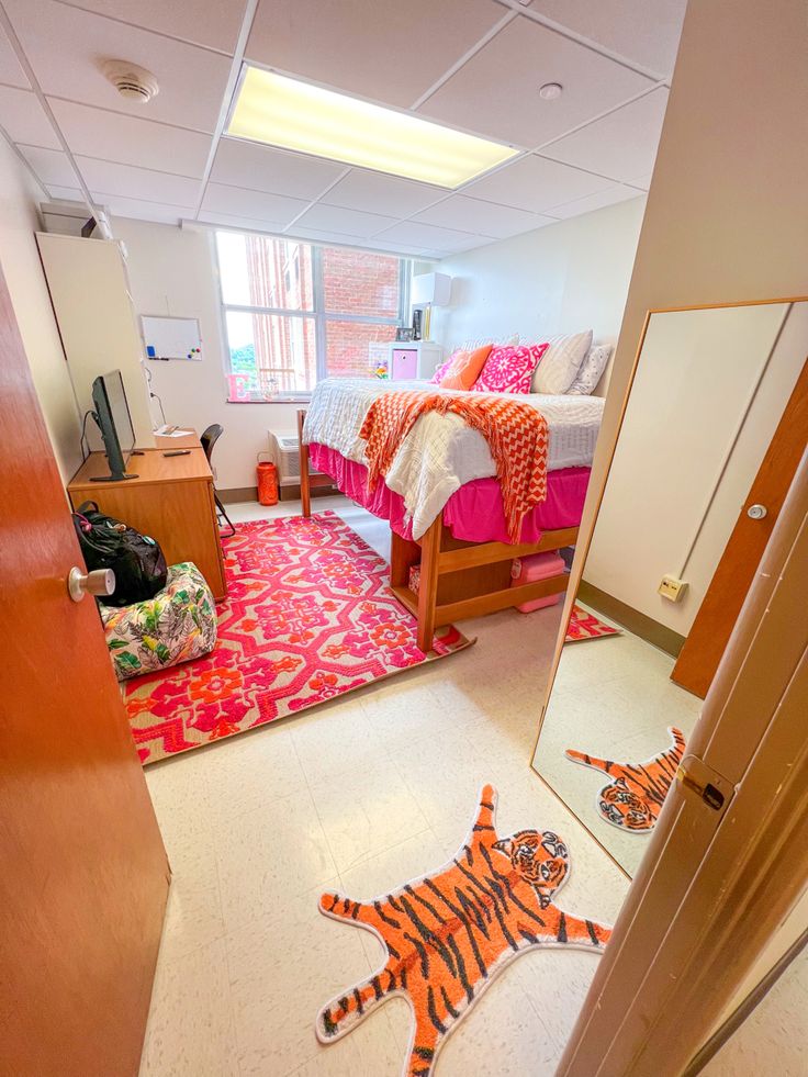 a bedroom with a tiger rug on the floor