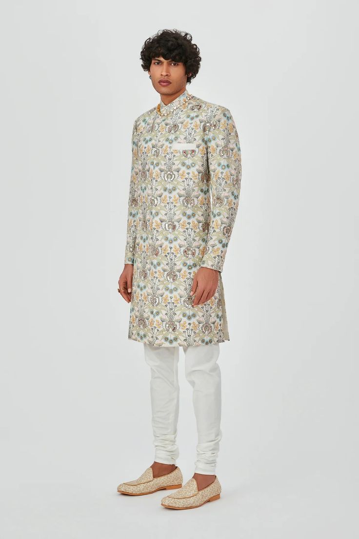 Beige raw silk heavy embellised and appliqued sherwani with churidar. DELIVERY TIMEPlease allow 6-8 weeks for your outfit to arrive. Professional cleaning only. Churidar, Your Outfit, Professional Cleaning, Raw Silk, 8 Weeks, Silk