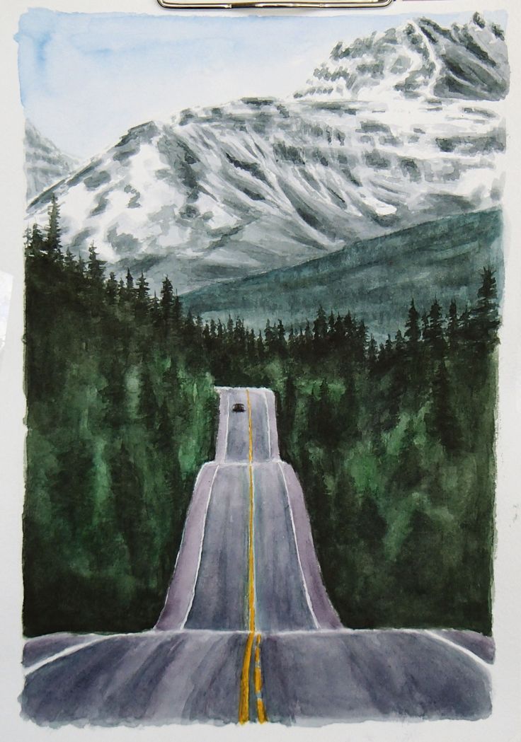 a drawing of a road with mountains in the background