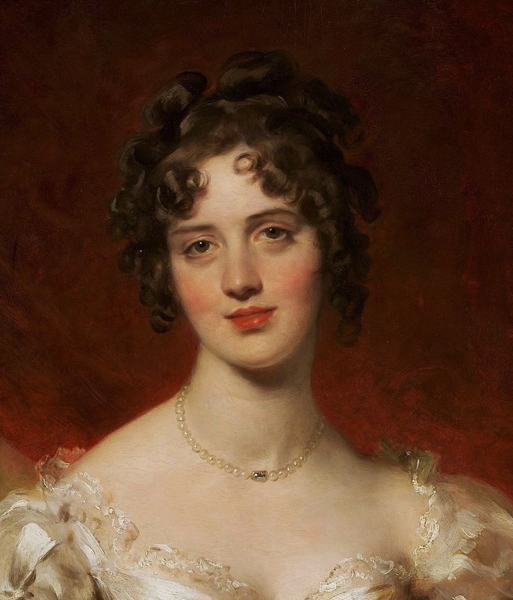 an oil painting of a woman wearing a white dress and pearls on her necklace, in front of a red background