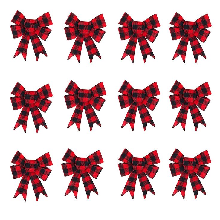 six red and black bows on white background