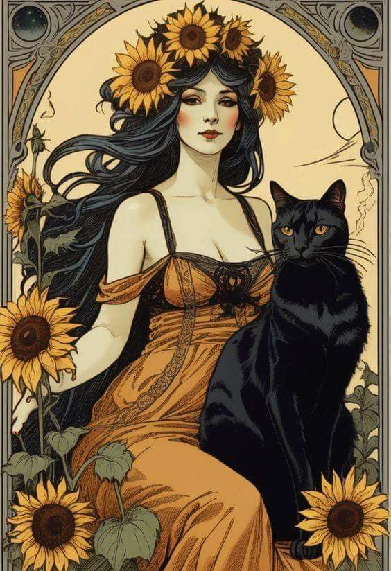 a woman with sunflowers and a black cat