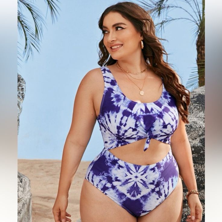 Plus Tie Dye One Piece Swimsuit With Cutouts And A Knot In The Front. Swimsuit Has Been Washed But Never Worn. Excellent Condition. Color Is A Dark Purple And White. Cutout Swimsuit, Cut Out Swimsuits, Purple And White, Dark Purple, Deep Purple, Women Swimsuits, Womens Swim, One Piece Swimsuit, Knot