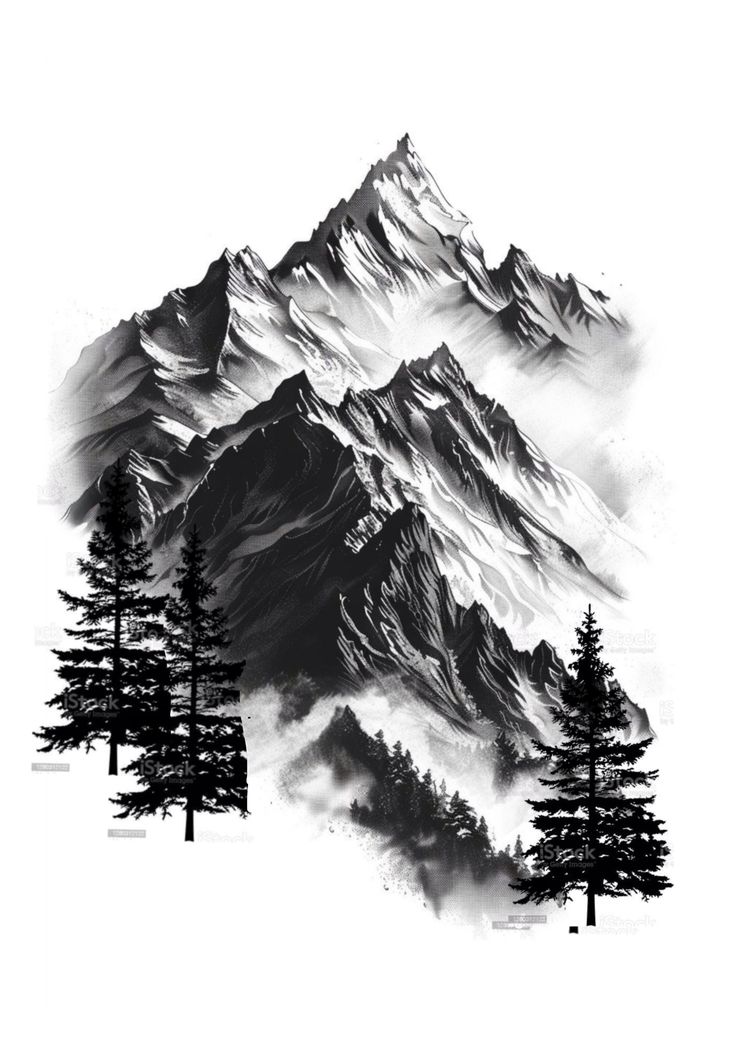 a mountain with trees in the foreground and clouds in the background, drawn by ink on paper