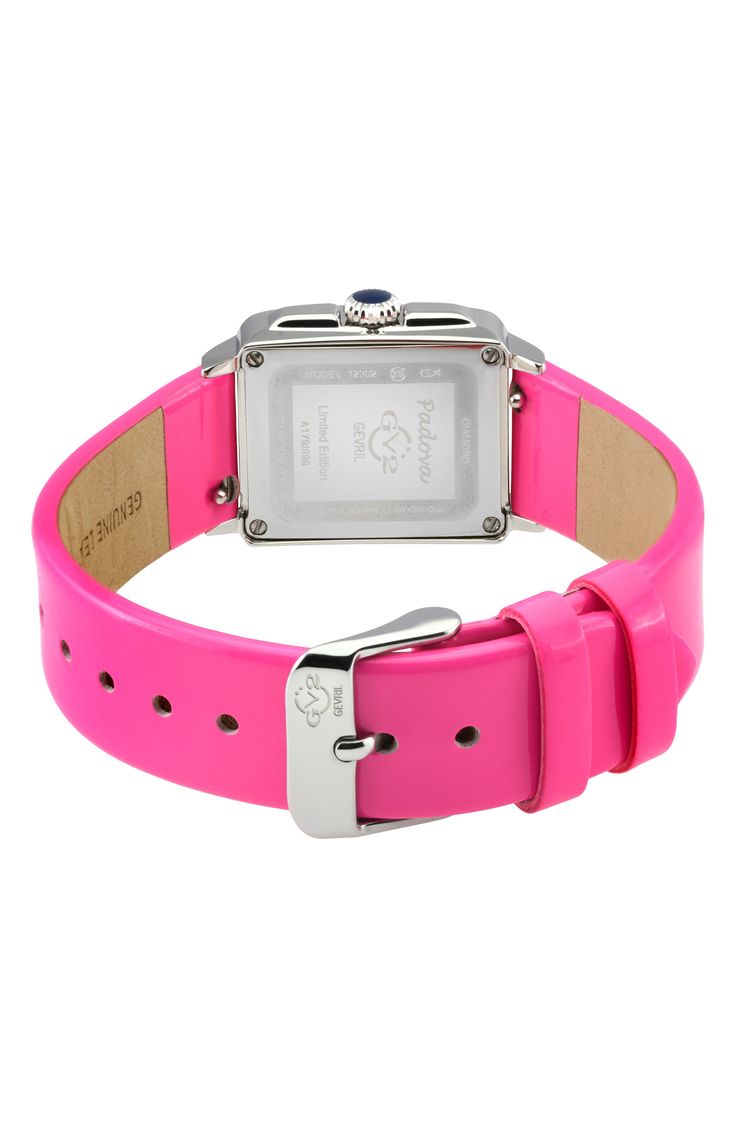 A vivid pink leather-strap rectangular watch offers chic style with Roman numeral markers, a pink mother-of-pearl dial and three dainty diamonds. 27mm x 30mm case; 18mm band width Buckle closure Swiss quartz movement Total diamond weight: 0.01ct. Antireflective sapphire crystal face Pink mother-of-pearl dial Metal/leather Swiss made Diamond Guide Trendy Rectangular Quartz Watch, Classic Pink Watch With Rectangular Dial, Classic Pink Watches With Rectangular Dial, Elegant Pink Rectangular Watch, Elegant Pink Rectangular Watches, Luxury Pink Watch With Rectangular Dial, Luxury Pink Watches With Rectangular Dial, Trendy Rectangular Watch With Leather Strap, Trendy Rectangular Watches With Leather Strap