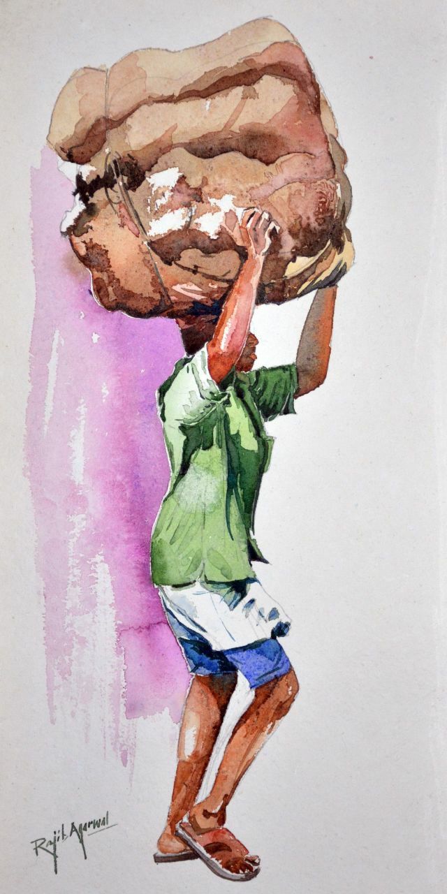 a drawing of a man carrying a large rock on his back