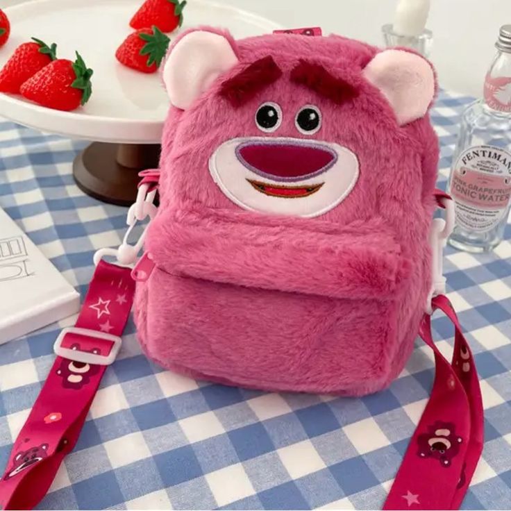 Lotso Strawberry Bear Kids Crossbody Bag Trendy Pink Bags With Animal Design, Cute Animal Design Shoulder Bag For School, Playful School Backpack Shoulder Bag, Playful Backpack Shoulder Bag For School, Trendy Backpack For Playtime, Playful Bags With Adjustable Strap For Students, Playful Bag With Adjustable Strap For Students, Playful Student Bag With Adjustable Strap, Playful Student Bags With Adjustable Strap