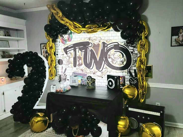 a party room with balloons and decorations