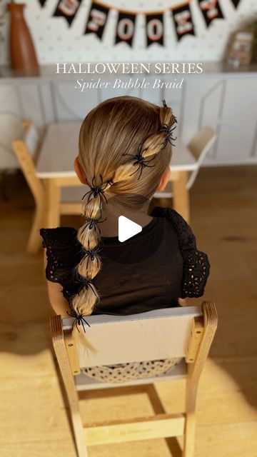 Camilla Thurman on Instagram: "Halloween hair series have begun!!! And it really is such a fun way to have fun with your daughter’s hair. They will LOVE the spooky hair 👻🎃✨💀 

This spider bubble braid hairstyle was so much fun and surprisingly stayed in ALL day!! Bonus! 🕷️🕸️

Comment SPIDER HAIR and I will send you a DM to shop all the products and spiders we used. 

#halloween #halloweenhair #halloweenhairstyles #halloweenhairbows #spider #spiderhair #spiderbubblebraids #bubblebraid #bubblebraids #colorfulelastics #funhair #festivehair #girlshair #girlshairstyles #girlshairstyle #spookyhair #toddlerhair #funhairstyles #momanddaughter #kidhalloween #halloweenkids #halloweenkidscostumes #trendinghair #🕷️ #🕷️🕸️ #sidepony #sideponytail" Halloween Bubble Braids, Spider Bubble Braids, Fun Toddler Hairstyles, Halloween Hair Spider, Halloween Spider Hair, Spooky Hair Day, Kids Halloween Hairstyles, Spooky Hairstyles For Kids, Halloween Hair For Kids